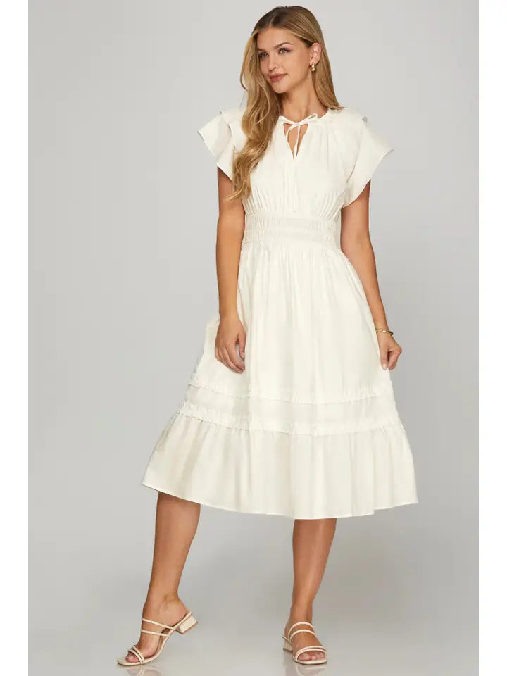 Ruffled Sleeve Midi Dress with Elastic Waist