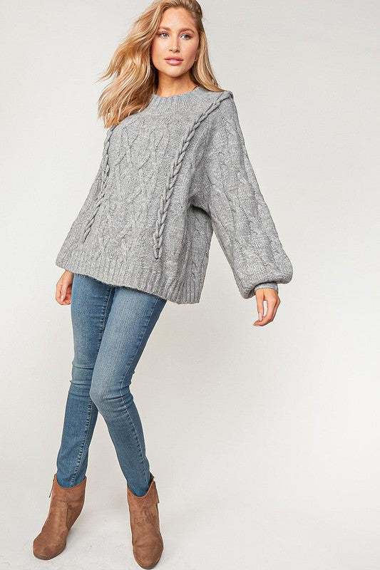 Cable Knit Bubble Sleeve Oversized Sweater