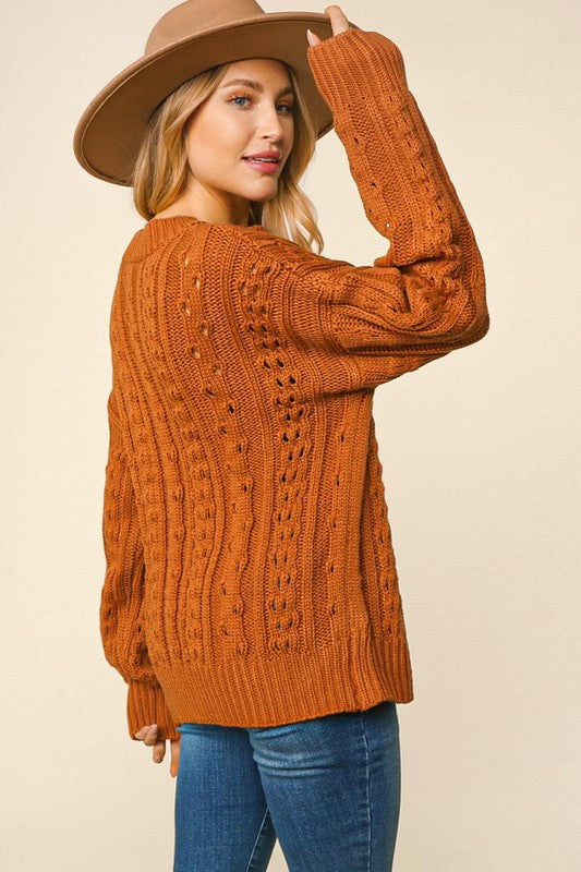 Notched Neck Cable Knit Loose Fit Sweater