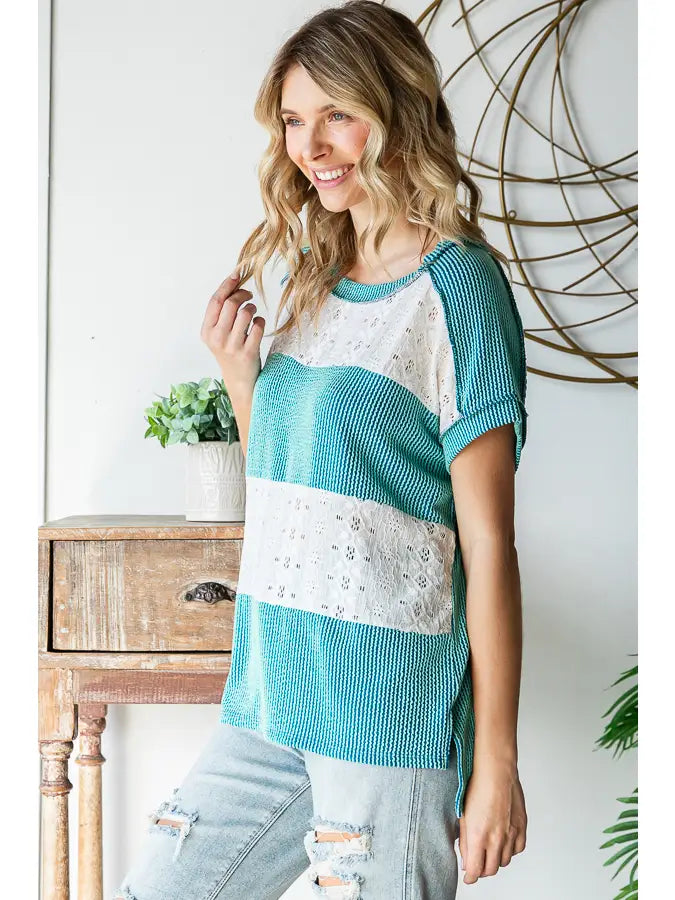 Urban Ribbed and Lace Short Sleeve Top