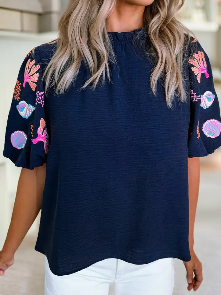 Shellfish Coral Embroidery Puff Sleeve Frilled Neck Blouse