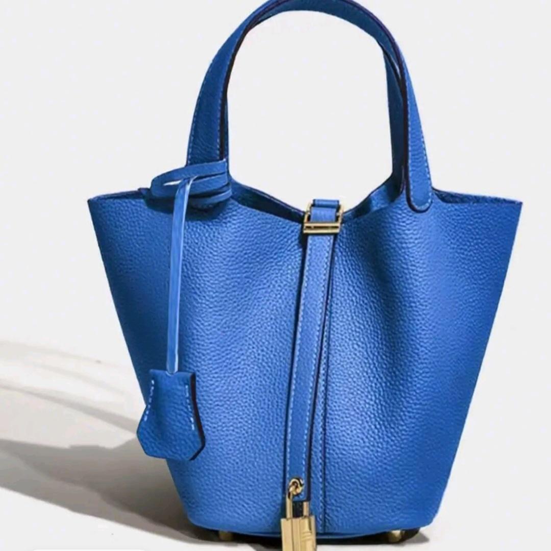 Leather Bucket Bag with Lock Design