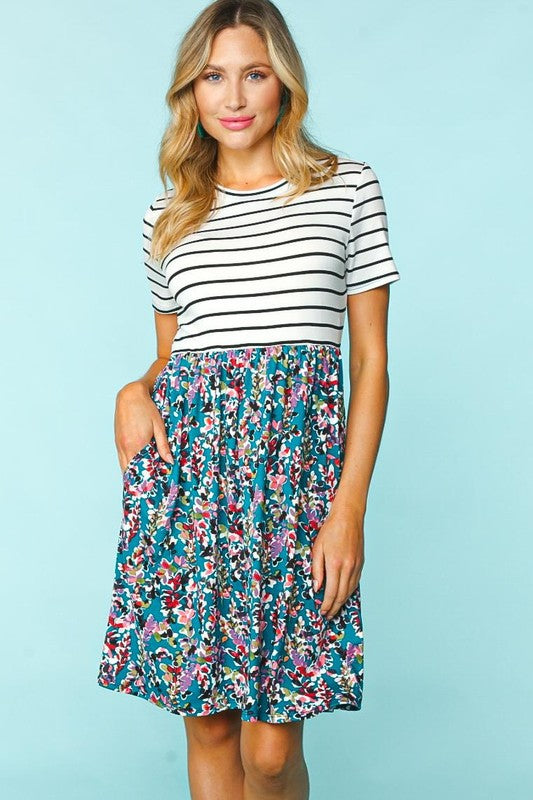 STRIPE TWOFER MIDI FLORAL PRINT DRESS