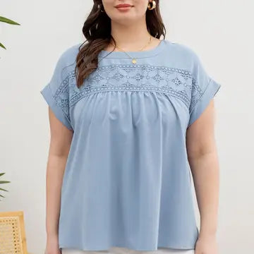 Floral Eyelet Lace Trim Back Button Top