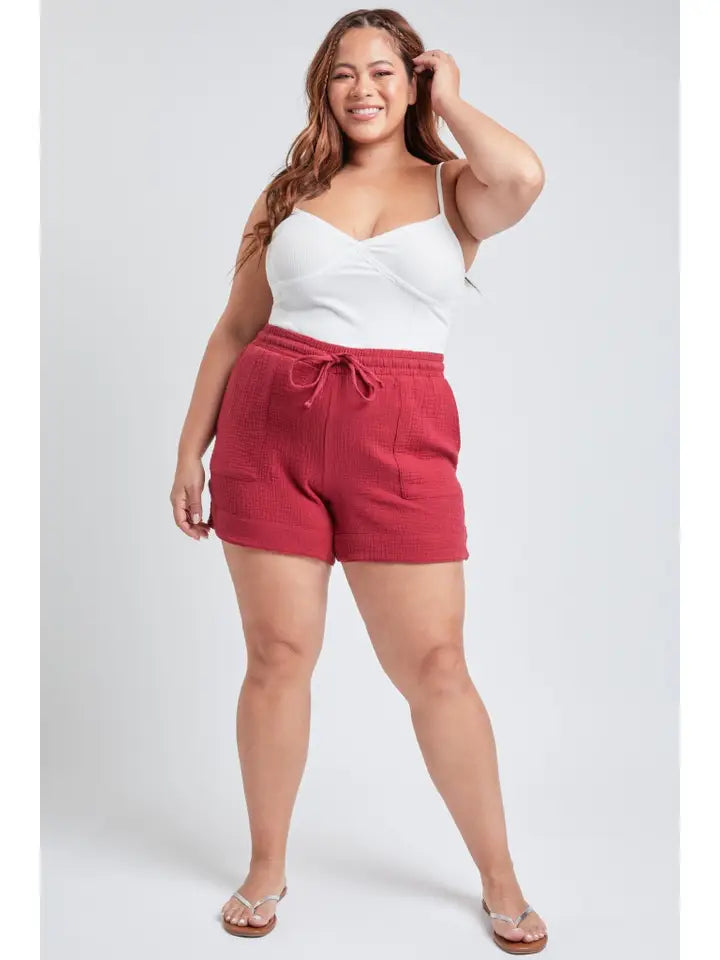 Garnet Double Gauze Drawstring Banded Hem Shorts