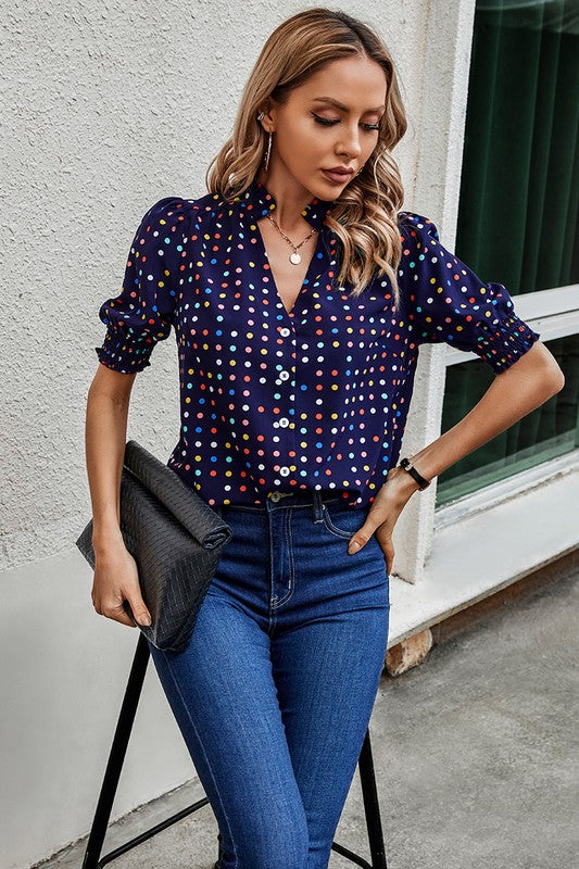 Polka Dot Print Puff Sleeve Button Shirt