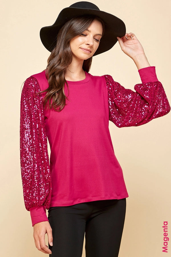 Solid Top with Sequins Detailed Sleeves in Magenta