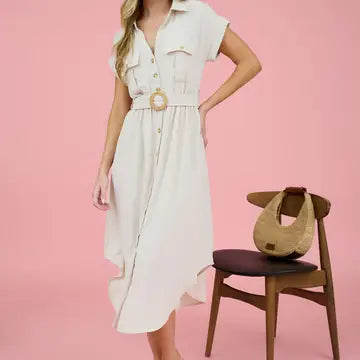 Button Down Belted Midi Dress