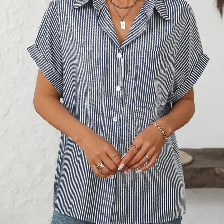 Button Down Short Sleeve Lapel Striped Casual Shirt