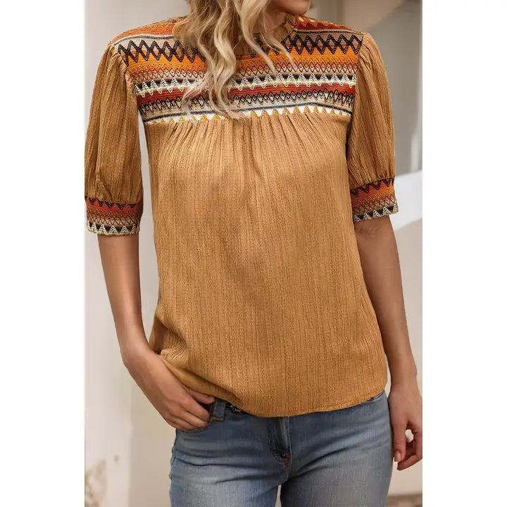 Geometric Short Puff Sleeve Frilled Collar Blouse