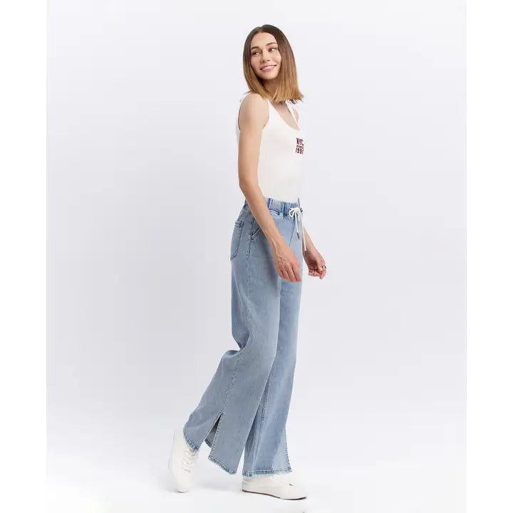High Rise Drawstring Waistband Slit Wide Leg Jeans