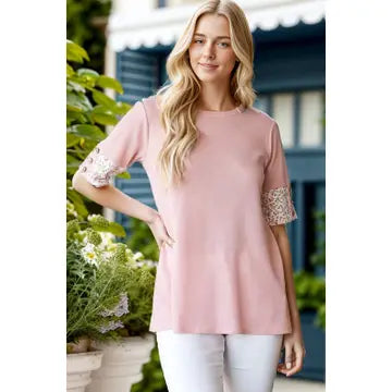 Solid Ribbed and Floral Top with Button