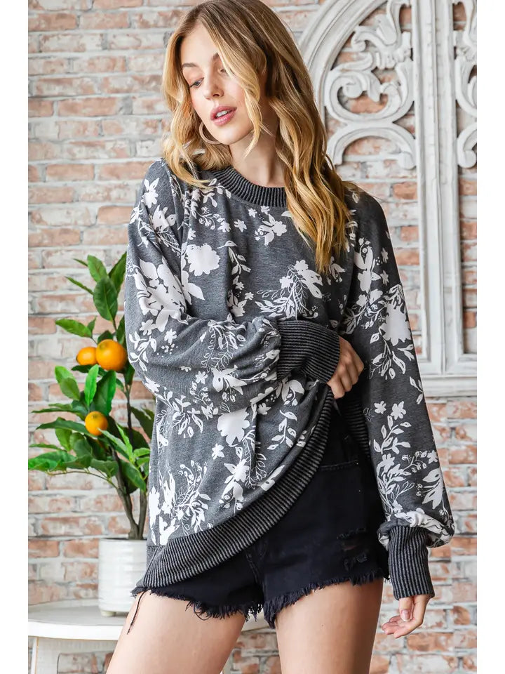 Soft Floral Knit Pullover With Ribbed Trim