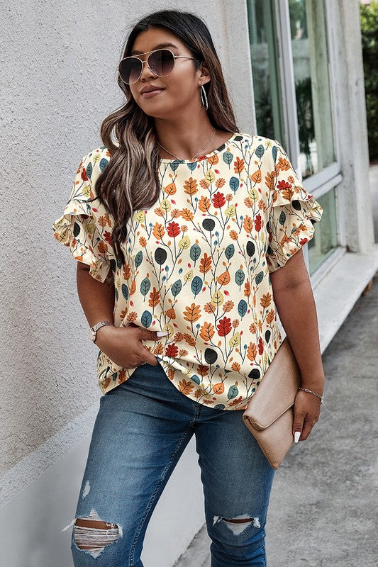 Round Neck Leaf Flounce Sleeve Blouse
