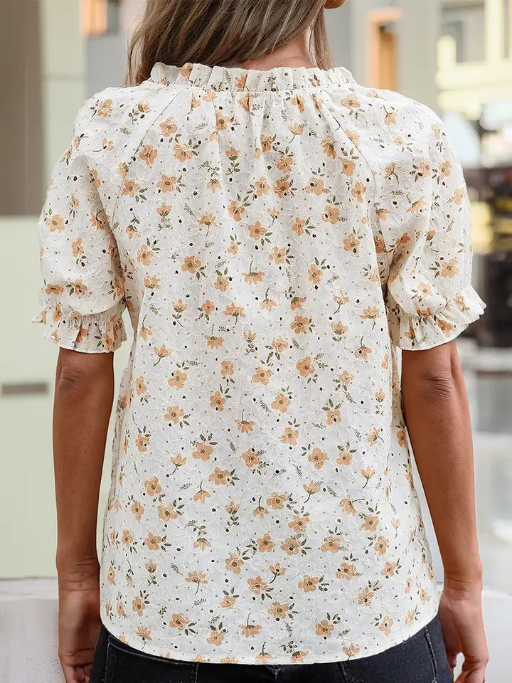 Floral Eyelet Embroidered Puff Sleeve Notch V Neck Blouse