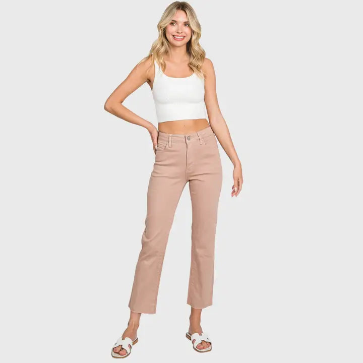 High Rise Stretch Slim Straight Jean w/ Raw Hem