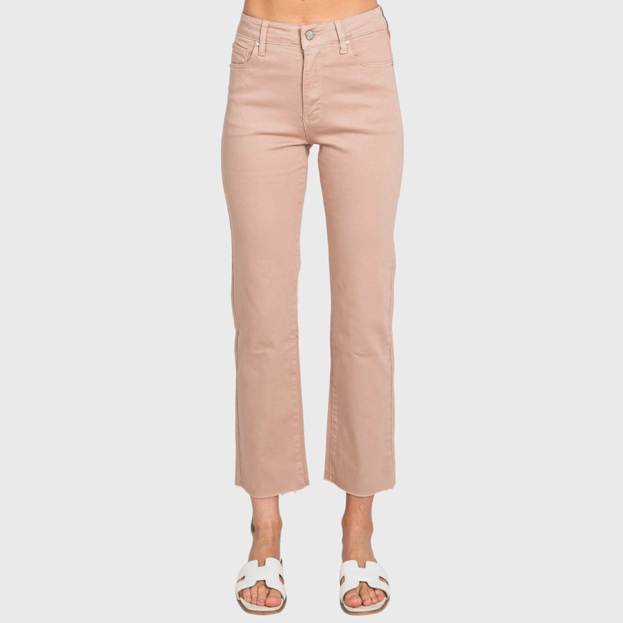 High Rise Stretch Slim Straight Jean w/ Raw Hem