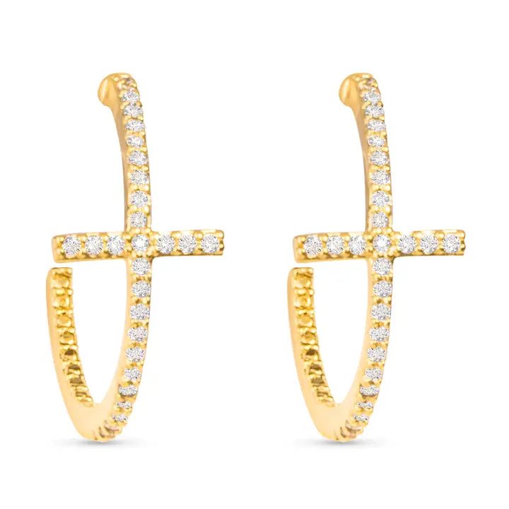 Cz Cross Hoop Earrings - Gold