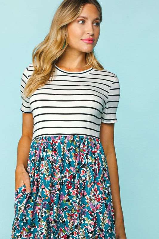 STRIPE TWOFER MIDI FLORAL PRINT DRESS