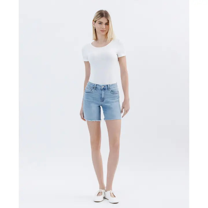 High Rise Raw Hem Midi Shorts