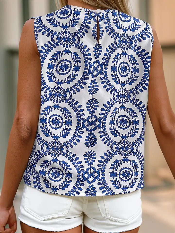 Vintage Print Pintuck Crew Neck Tank Top