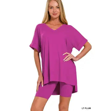 Microfiber V-Neck Top & Biker Short Set
