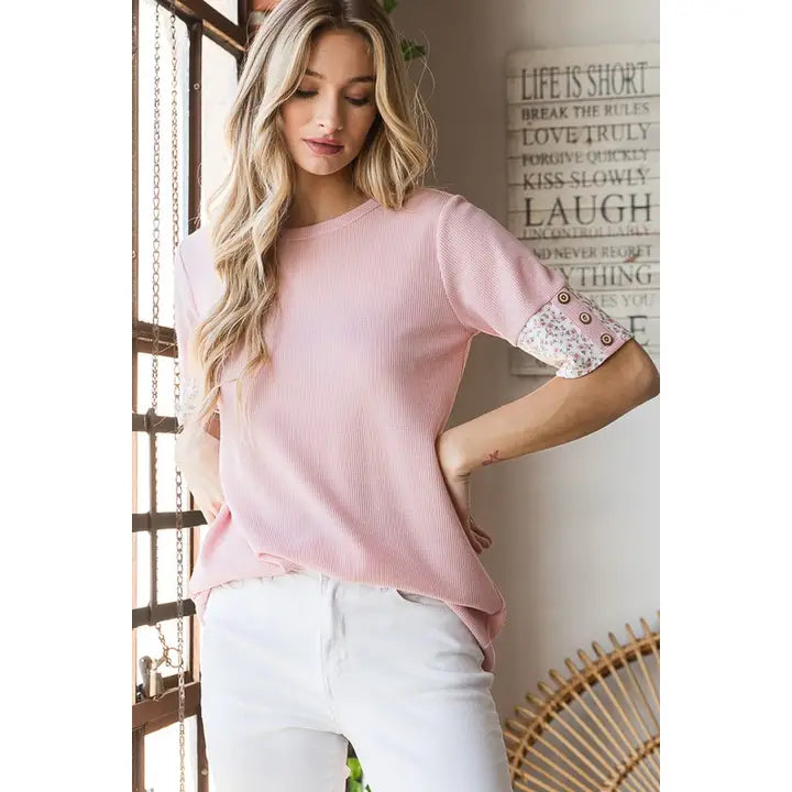 Solid Ribbed and Floral Top with Button