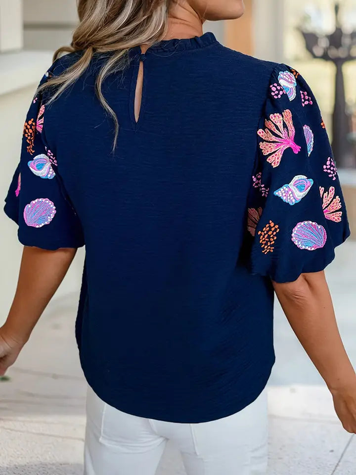 Shellfish Coral Embroidery Puff Sleeve Frilled Neck Blouse