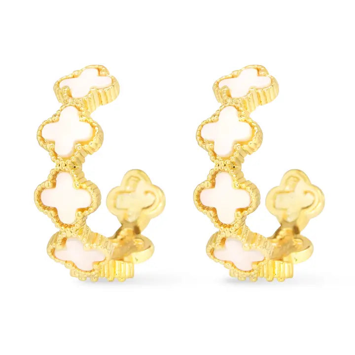 Gold Mop Clover Hoop Earrings