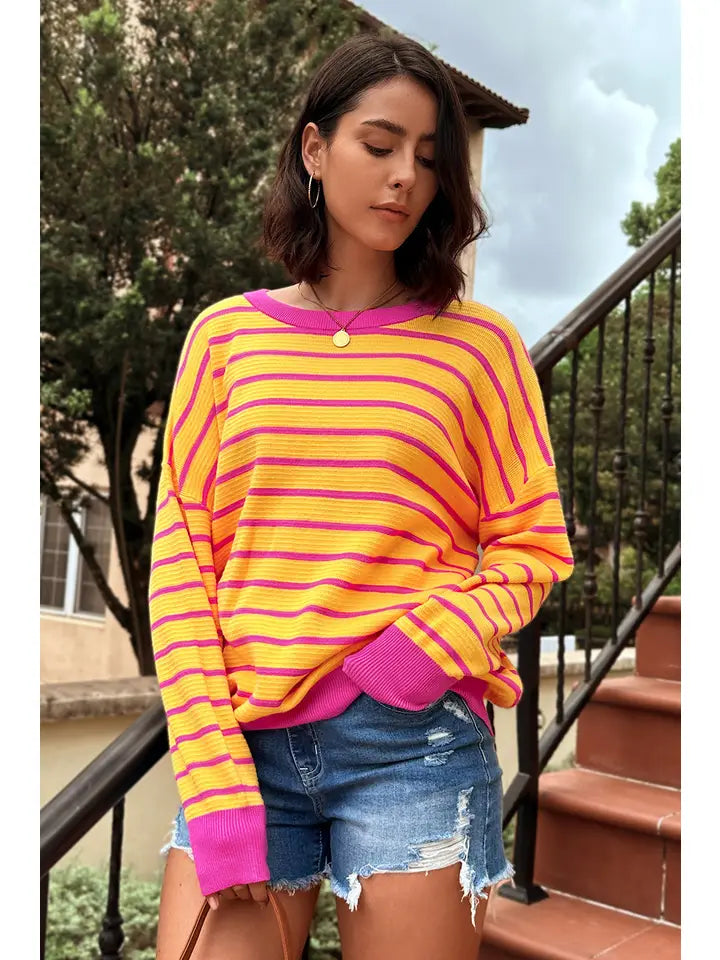 Stripe Round Neck Drop Shoulder Sweater