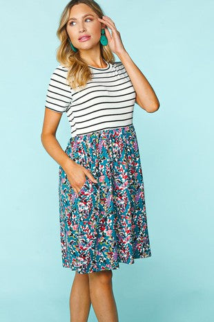 STRIPE TWOFER MIDI FLORAL PRINT DRESS