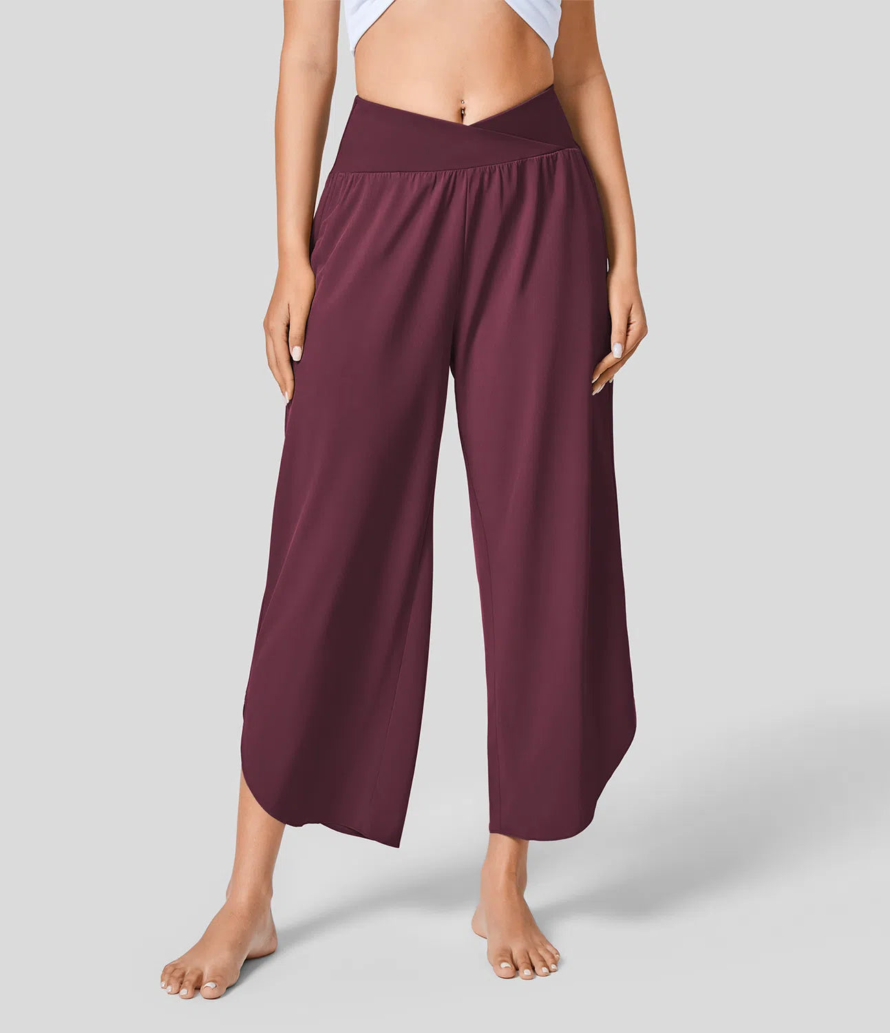 High Waisted Crossover Plicated Side Pocket Split Quick Dry Resort Pants