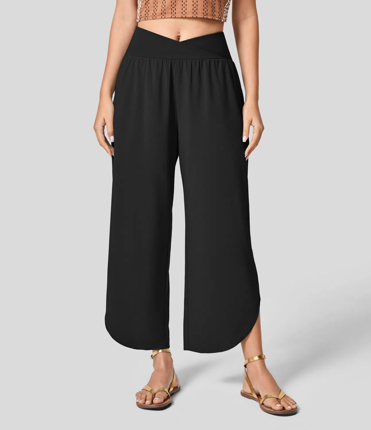 High Waisted Crossover Plicated Side Pocket Split Quick Dry Resort Pants