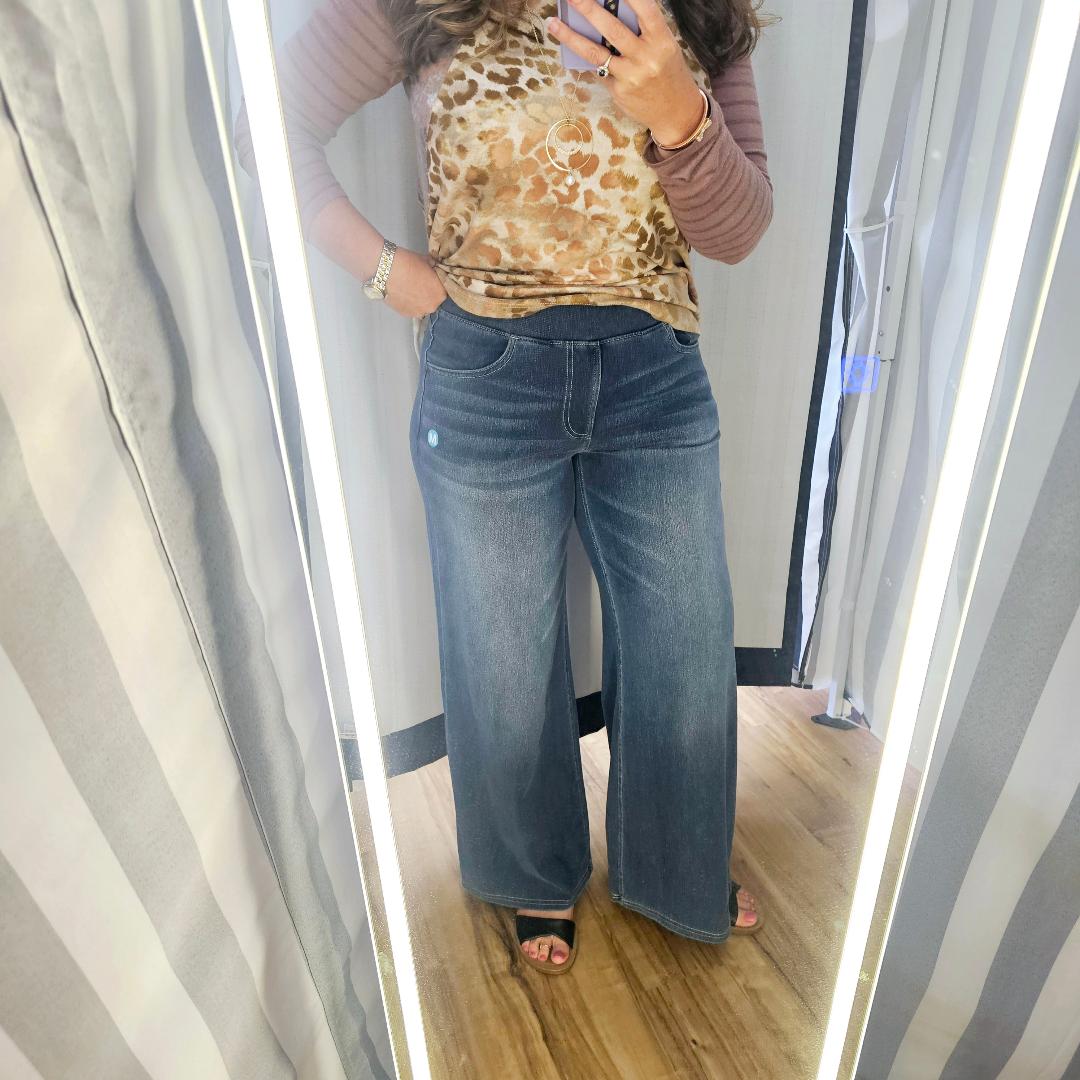 Halara High Waisted Multiple Pockets Wide Leg Stretchy Knit Casual Jeans