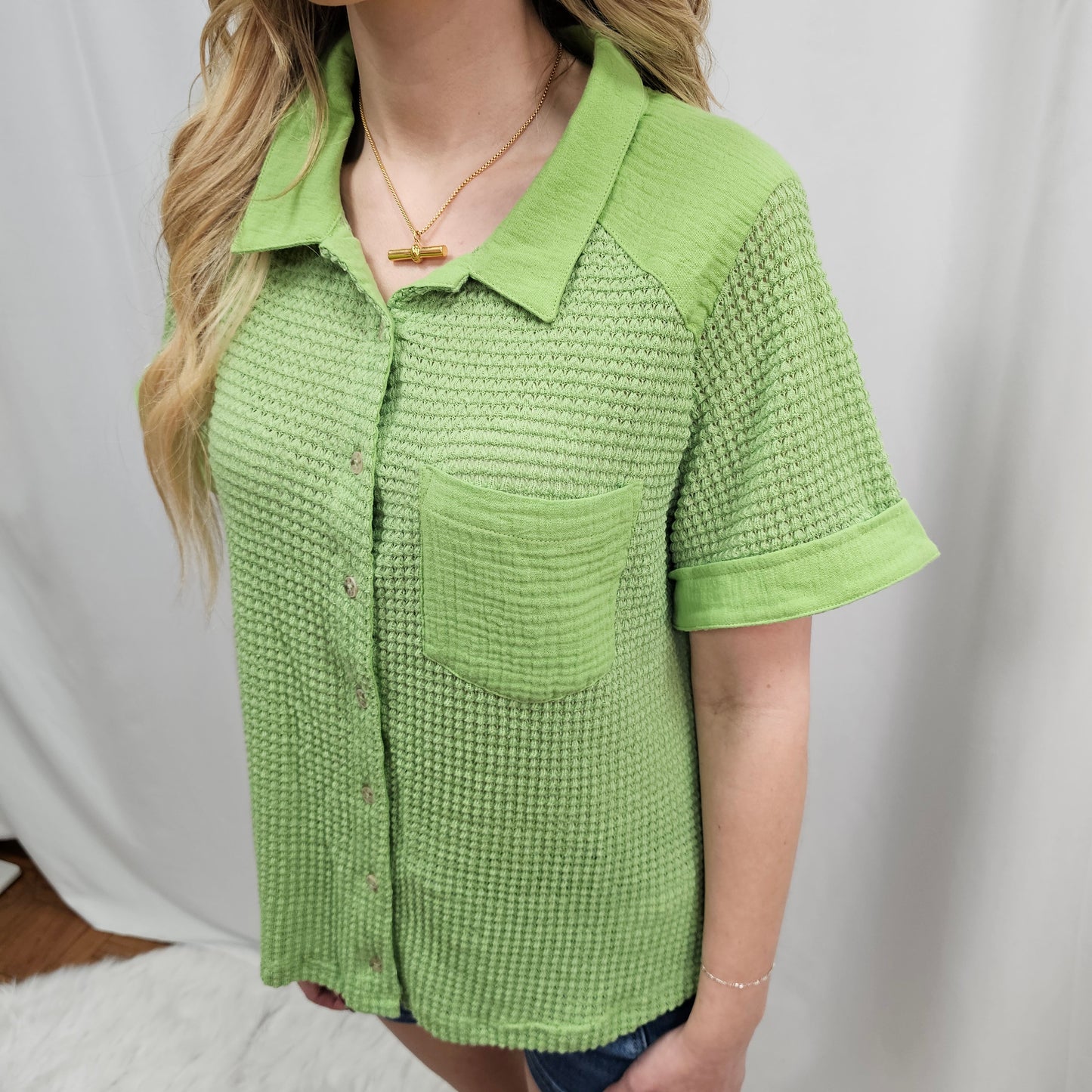 Waffle Knit Button Down Shirt In Melon