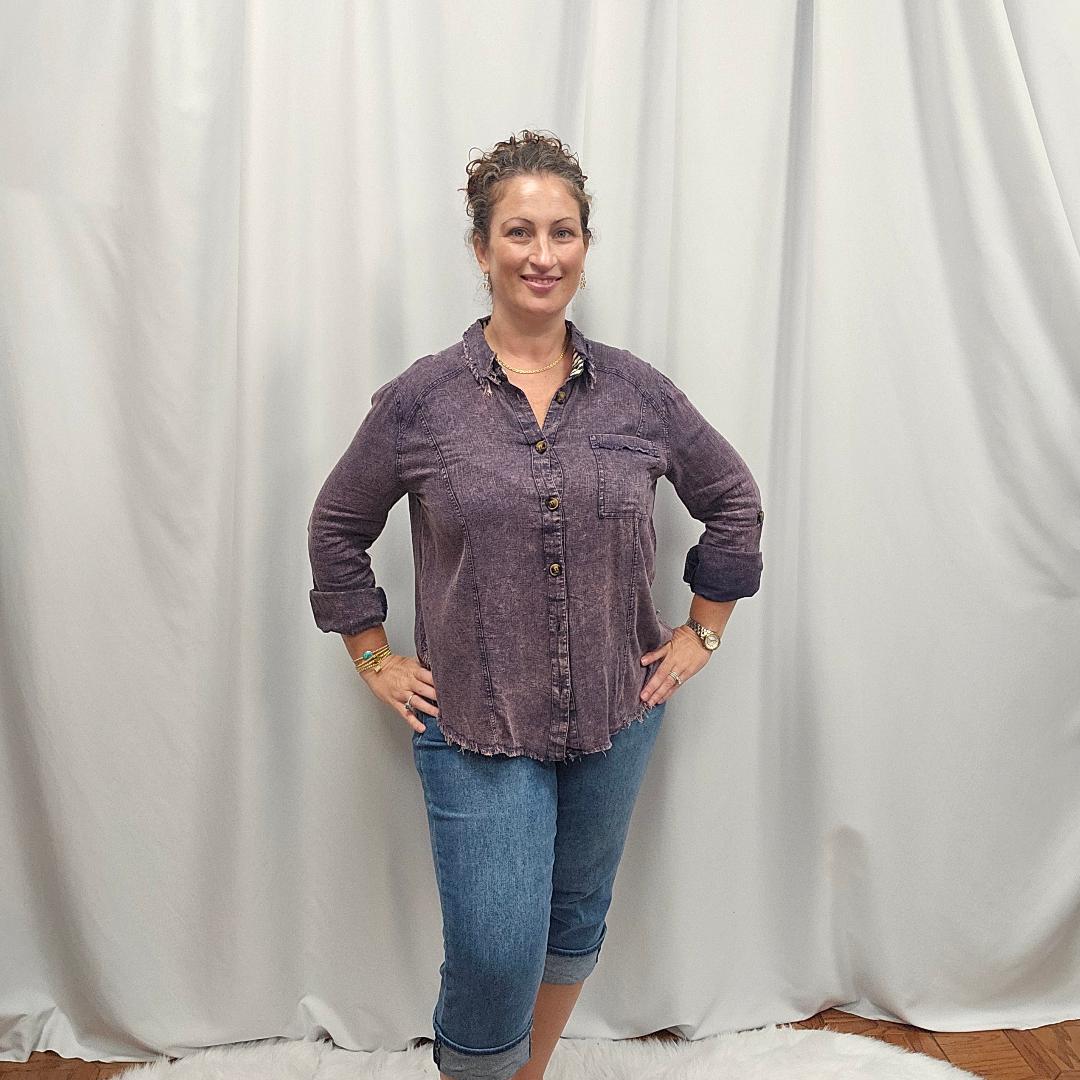 Linen Mineral Wash Button Down Top Navy