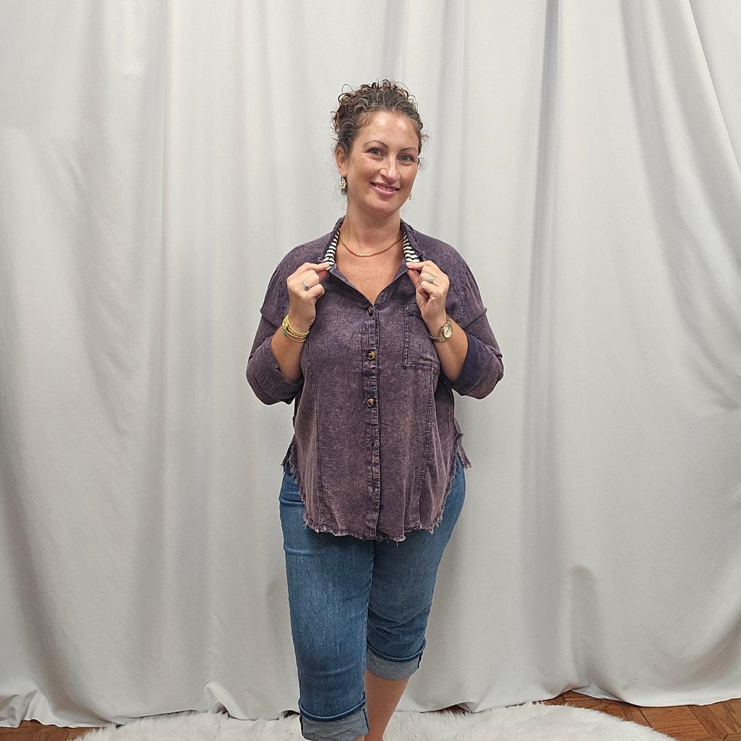Linen Mineral Wash Button Down Top Navy