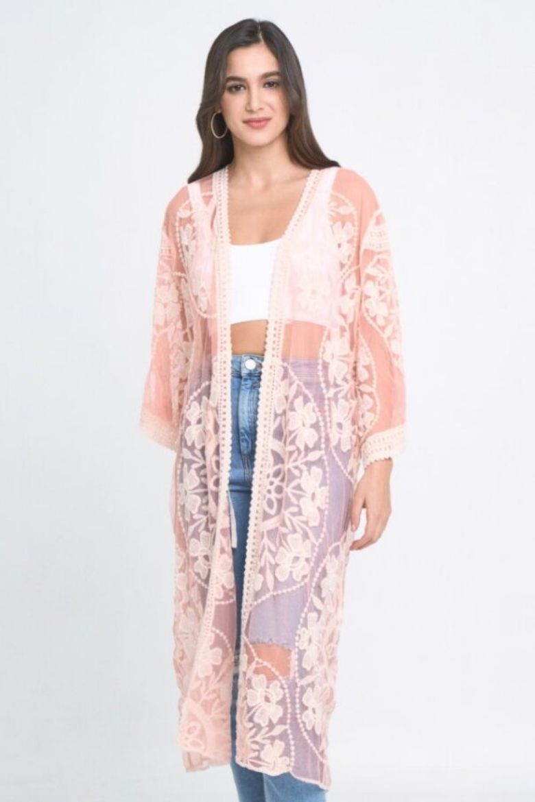 Tie Front Embroidered Lace Duster