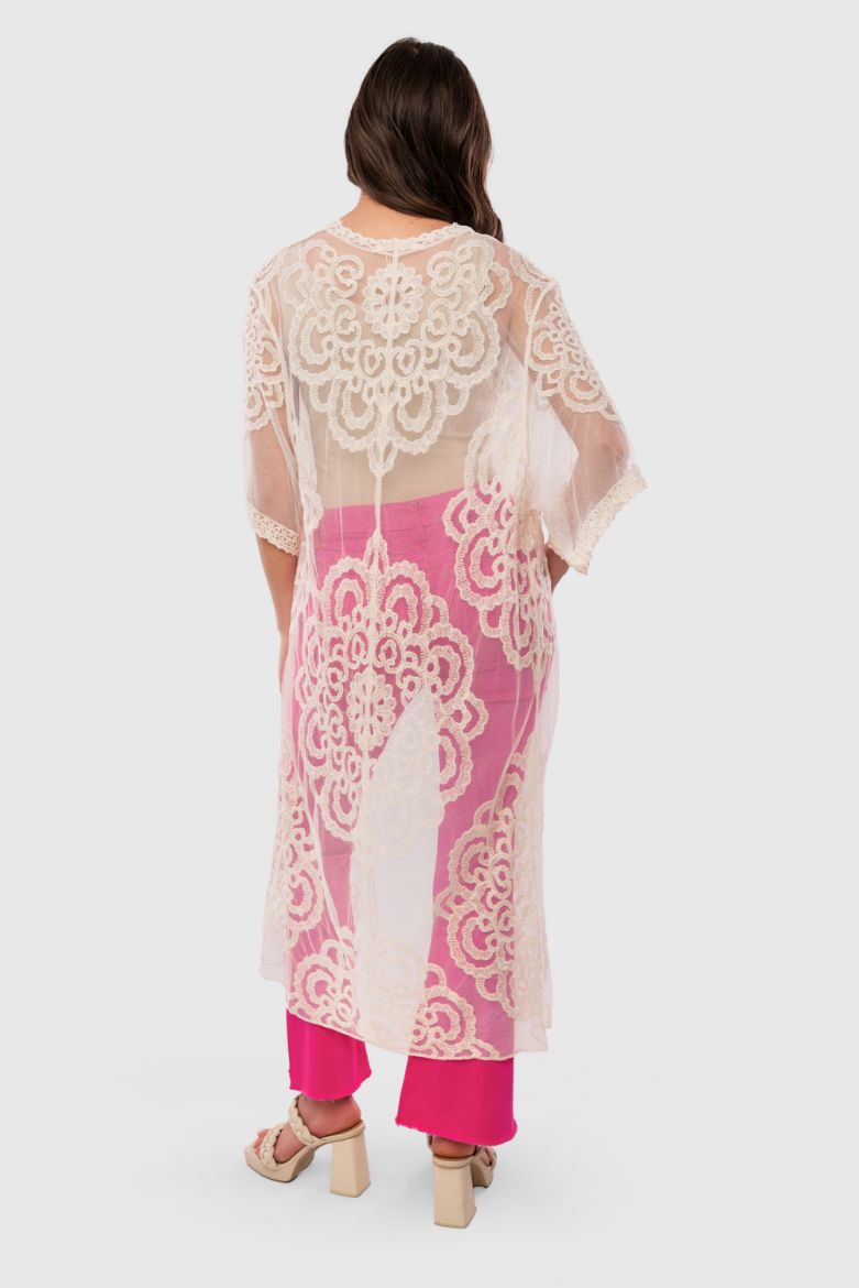 Tie Front Embroidered Lace Duster
