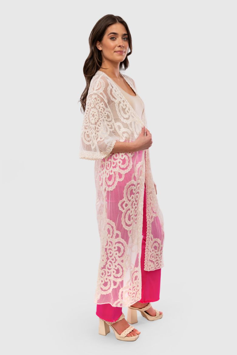 Tie Front Embroidered Lace Duster