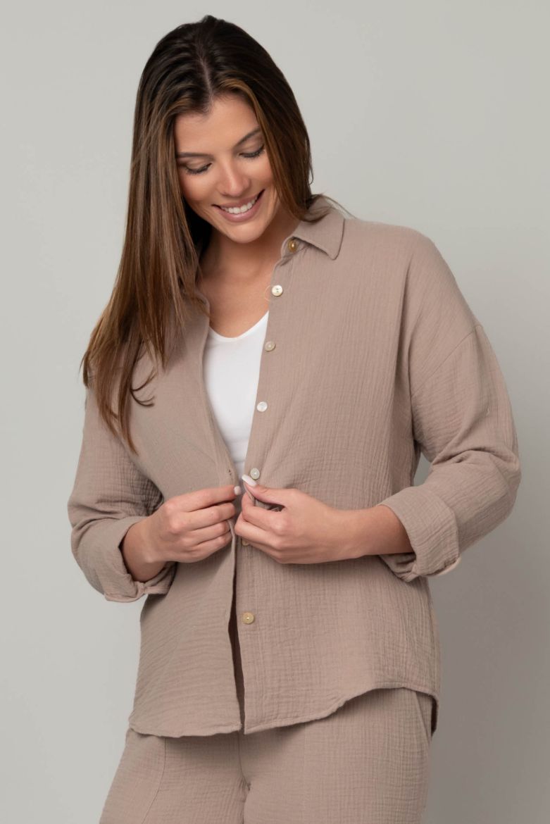 Cotton Gauze Akoya Shell Button Front Top