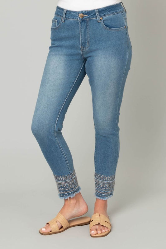 Fray Ankle Embroidered Jeans