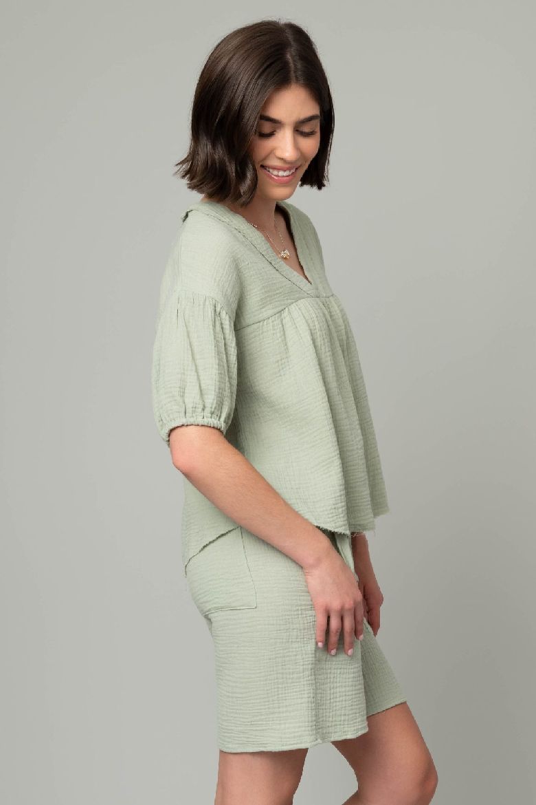 Cotton Gauze V-Neck Elbow Puff Sleeve Top