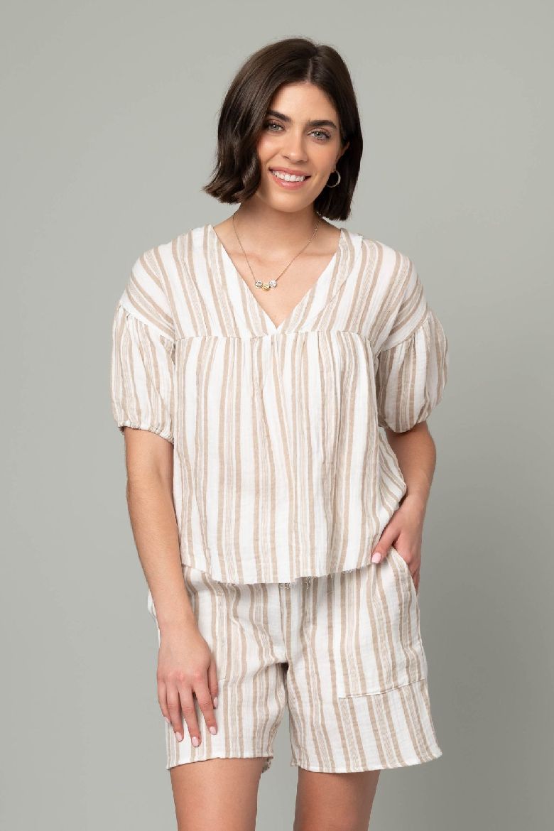 Cotton Gauze V-Neck Elbow Puff Sleeve Top