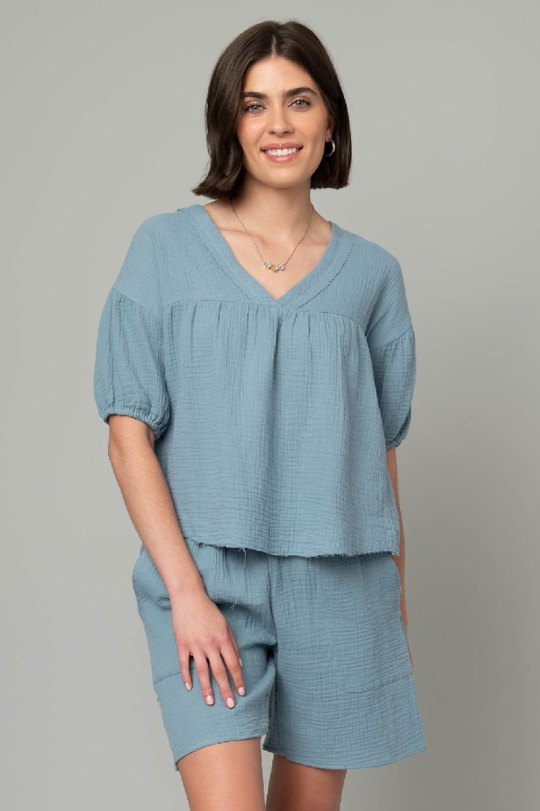 Cotton Gauze V-Neck Elbow Puff Sleeve Top