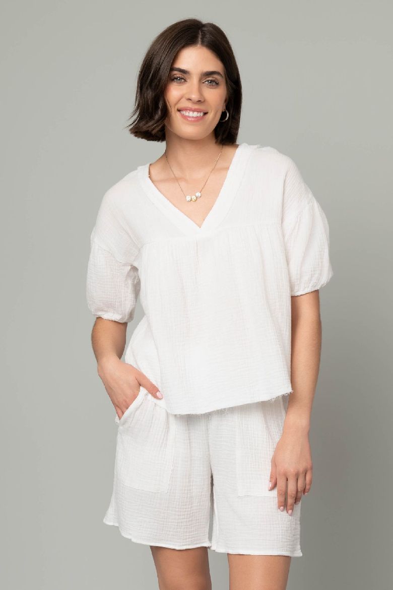 Cotton Gauze V-Neck Elbow Puff Sleeve Top