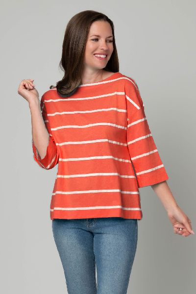 Boatneck Striped Knit 3/4 Sleeve Tee