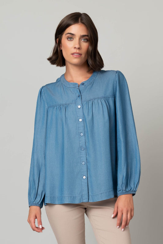 Tencel Button Front Peasant Top