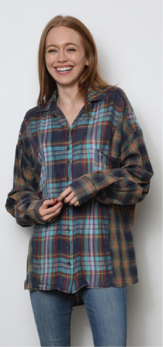 Button Front Plaid Mixed Media Top