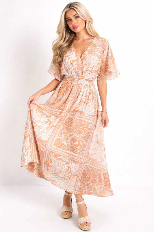 Patchwork Botanical V-Neck Midi Dress